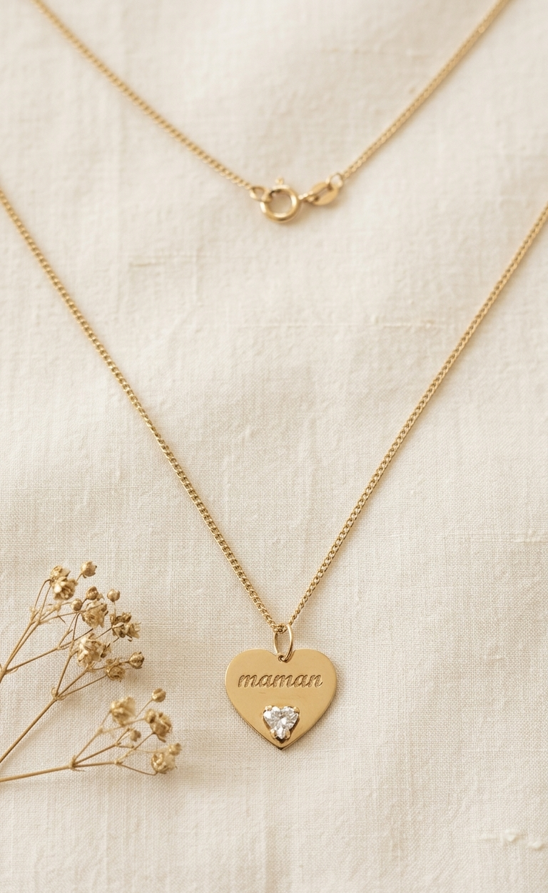 Collier Pendentif Coeur Or Jaune et Oxydes de Zirconium