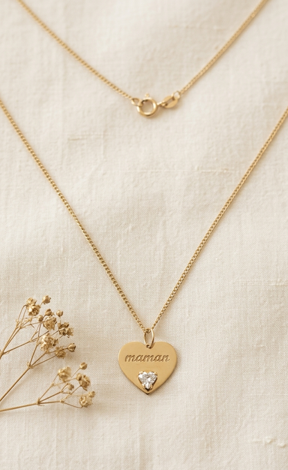 Collier Pendentif Coeur Or Jaune et Oxydes de Zirconium
