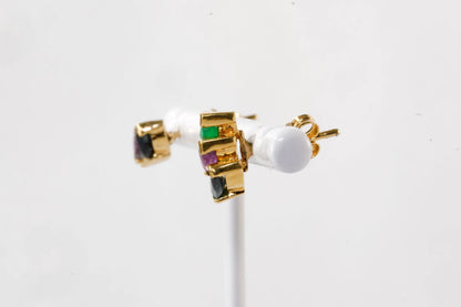 Boucles d'Oreilles Plaqué Or tricolore avec 3 pierres Emeraude, Rubis et Saphir Ma boutique
