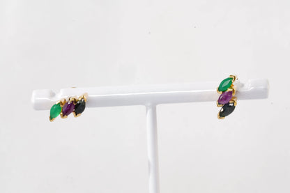 Boucles d'Oreilles Plaqué Or tricolore avec 3 pierres Emeraude, Rubis et Saphir Ma boutique