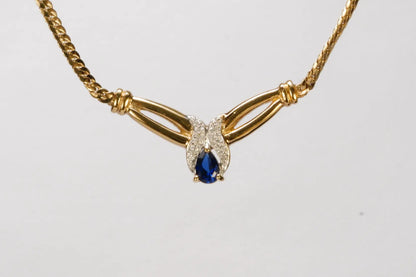 Collier Plaqueé Or maille plate avec pierre bleue imitation Saphir et pierres de Zirconium Ma boutique