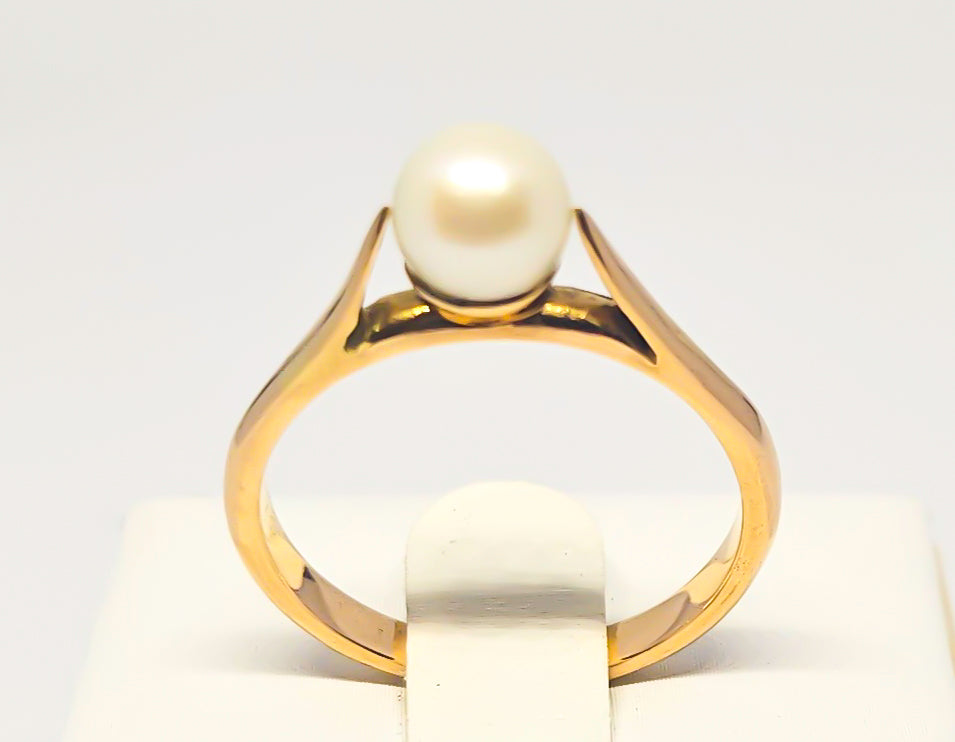 Bague Solitaire Or Jaune et Perle de Culture à Serti double