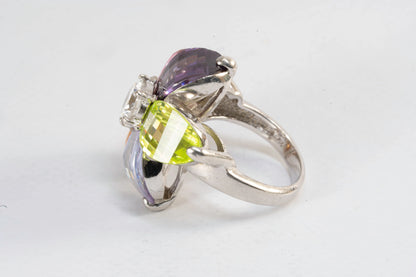 Bague en Argent motif fleur avec pierres colorées Ma boutique