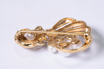 Broche Or Jaune 18K, Perles de Culture et Pavage Diamants