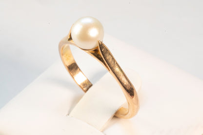 Bague Solitaire Or Jaune et Perle de Culture à Serti double