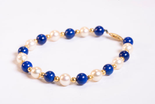 Bracelet Perles Alternées Lapis Lazuli et Perles de Culture Or 18K