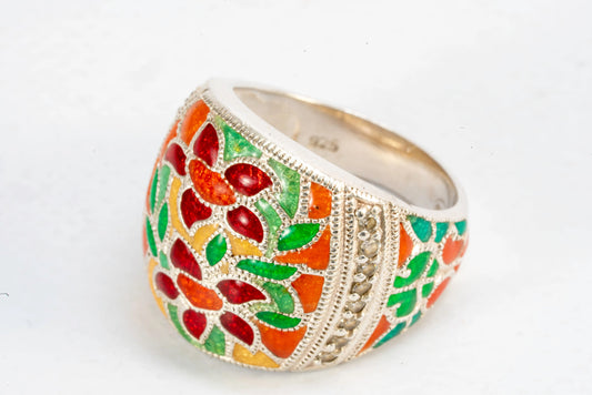 Bague en Argent avec motifs fleurs en émail coloré et pierres de Zirconium Max & Lucie