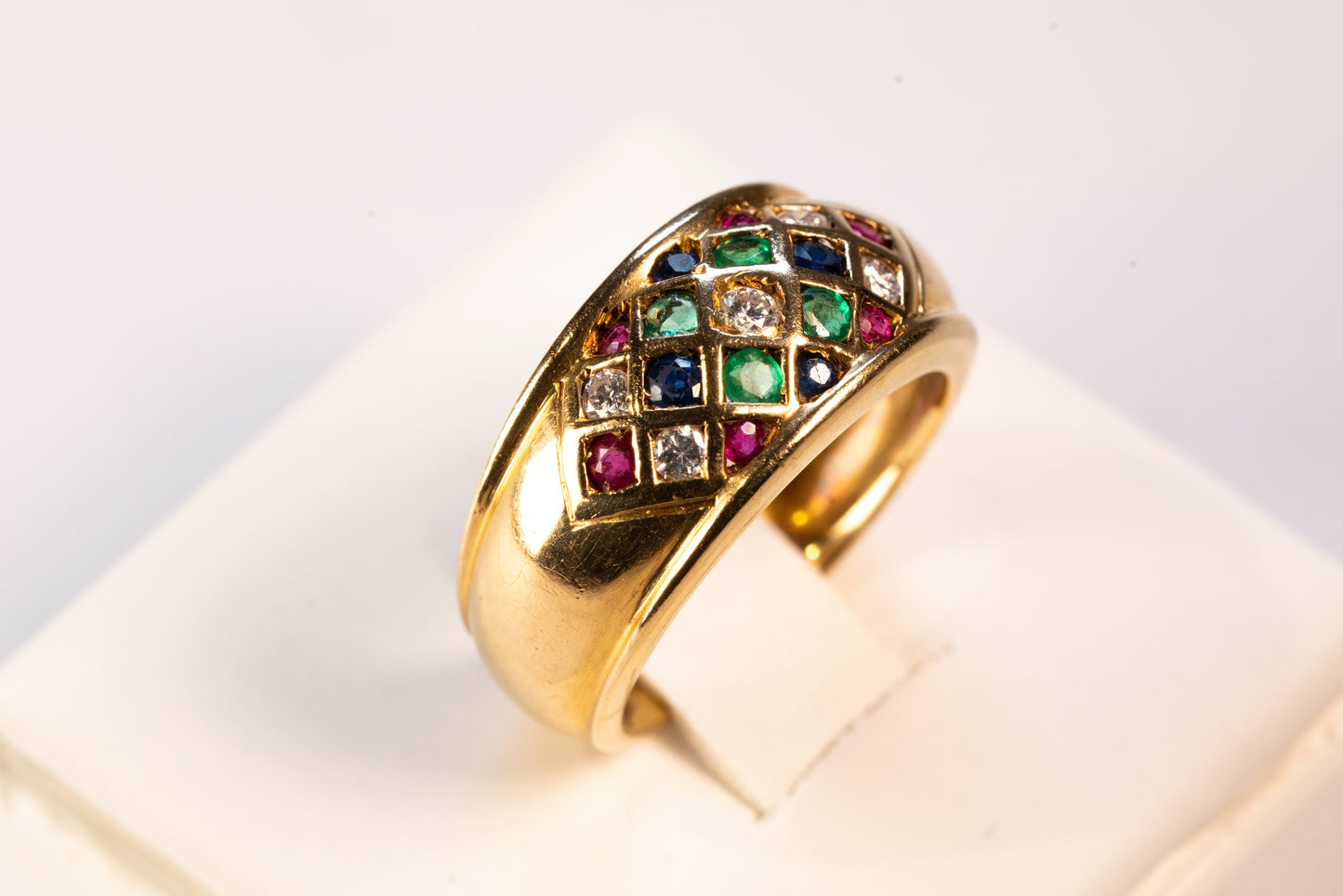 Bague Jonc Bombée Or Jaune 18K Mosaïque de Pierres Précieuses