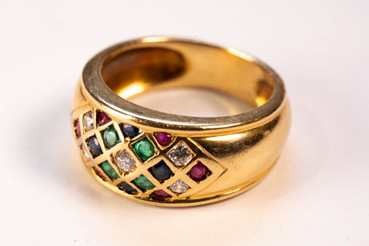 Bague Jonc Bombée Or Jaune 18K Mosaïque de Pierres Précieuses