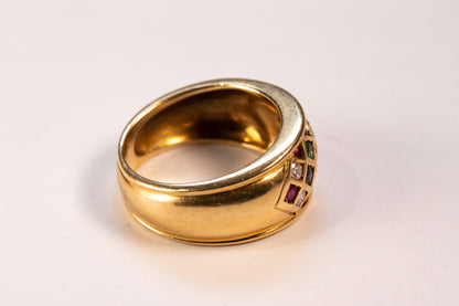 Bague Jonc Bombée Or Jaune 18K Mosaïque de Pierres Précieuses