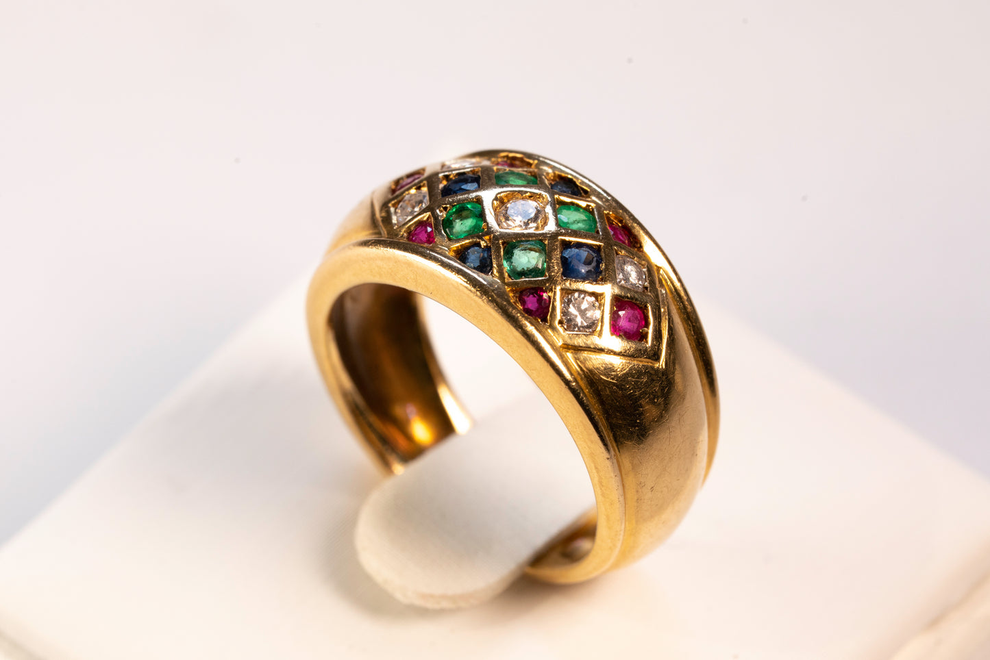 Bague Jonc Bombée Or Jaune 18K Mosaïque de Pierres Précieuses