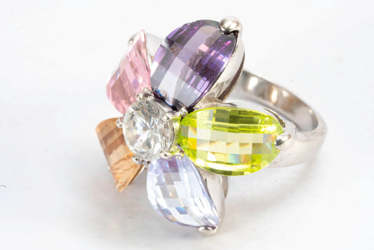 Bague en Argent motif fleur avec pierres colorées Ma boutique