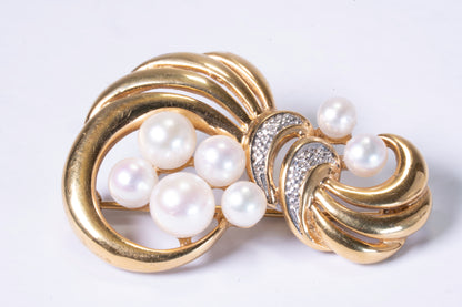 Broche Or Jaune 18K, Perles de Culture et Pavage Diamants