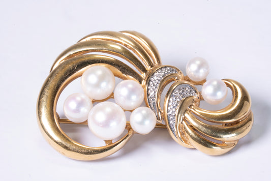 Broche Or Jaune 18K, Perles de Culture et Pavage Diamants