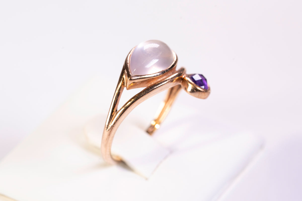 Bague Toi et Moi en Or Rose 9k, Quartz rose et Améthyste