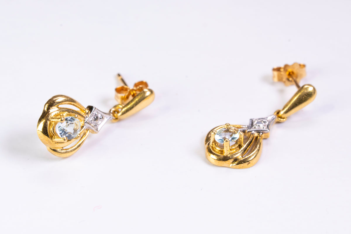 Boucles d'Oreilles Pendantes Bicolores en Or 18k, Aigues-Marines