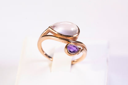 Bague Toi et Moi en Or Rose 9k, Quartz rose et Améthyste