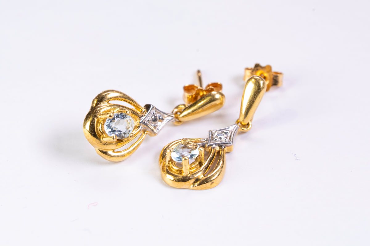 Boucles d'Oreilles Pendantes Bicolores en Or 18k, Aigues-Marines