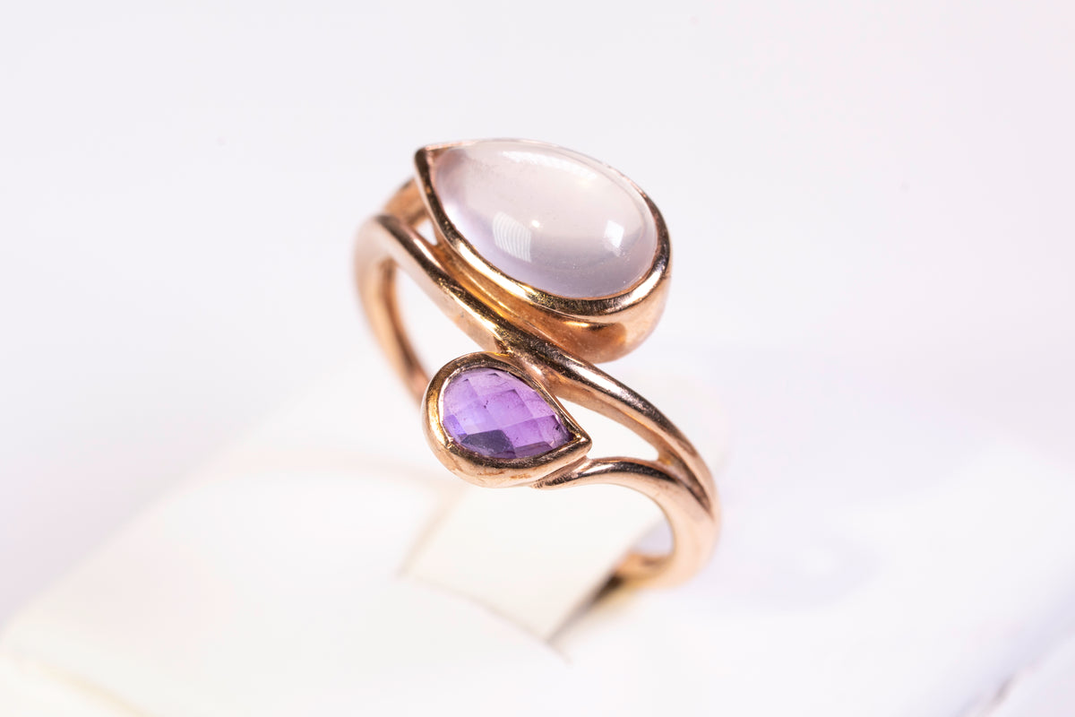Bague Toi et Moi en Or Rose 9k, Quartz rose et Améthyste