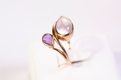 Bague Toi et Moi en Or Rose 9k, Quartz rose et Améthyste
