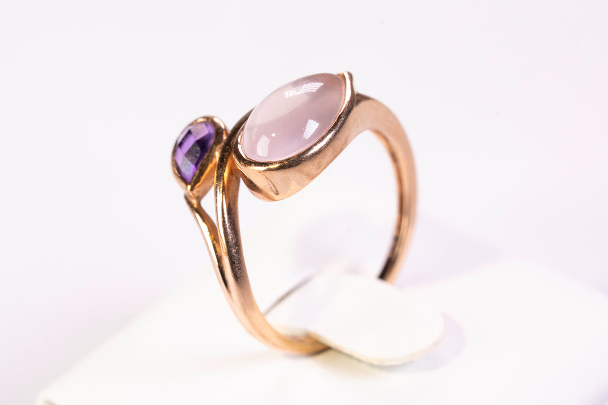 Bague Toi et Moi en Or Rose 9k, Quartz rose et Améthyste