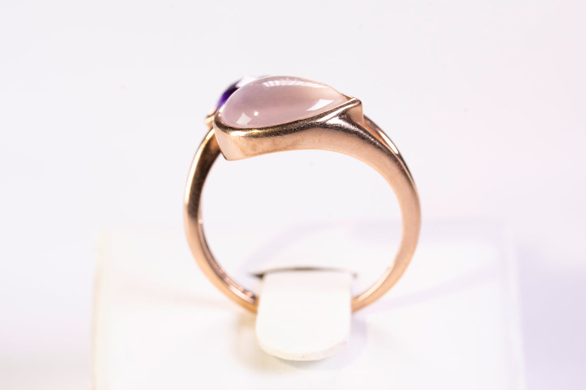 Bague Toi et Moi en Or Rose 9k, Quartz rose et Améthyste