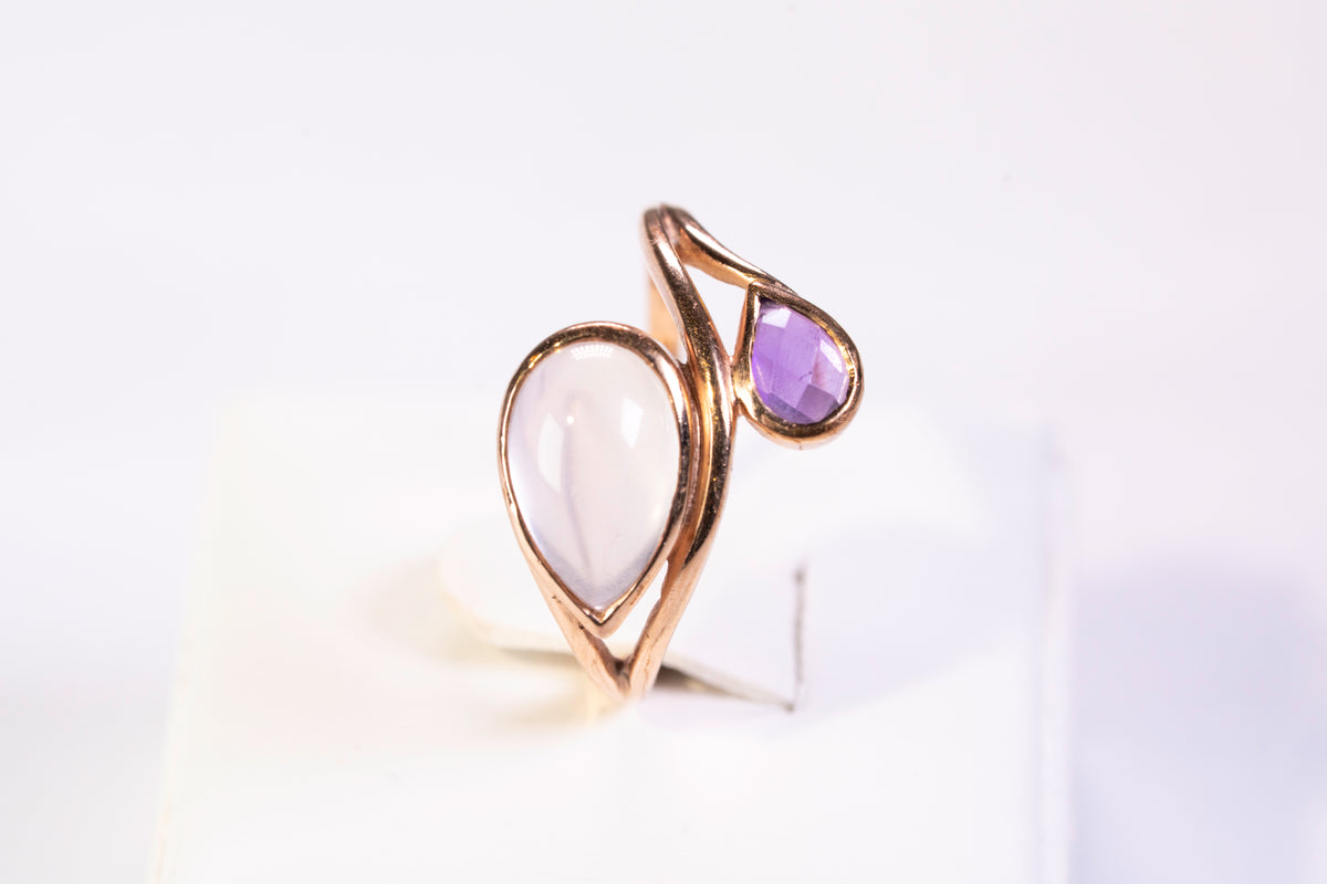 Bague Toi et Moi en Or Rose 9k, Quartz rose et Améthyste