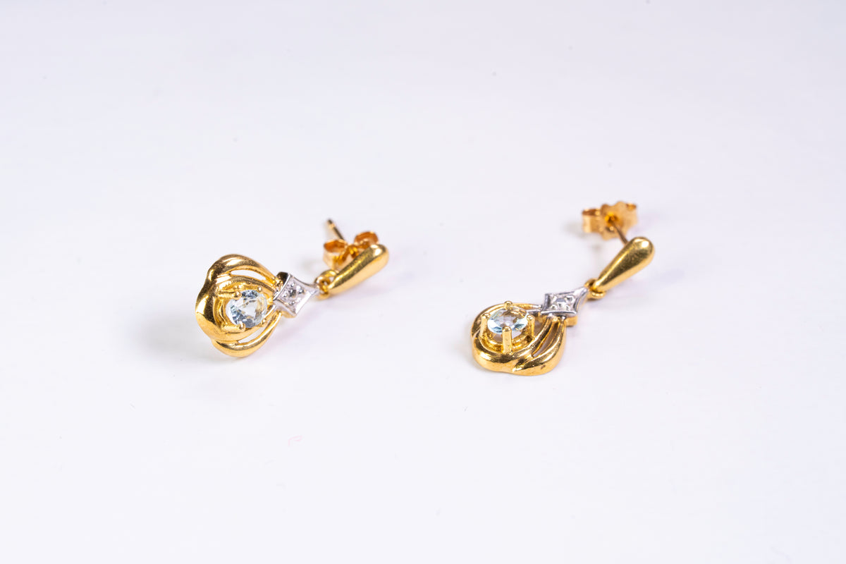 Boucles d'Oreilles Pendantes Bicolores en Or 18k, Aigues-Marines
