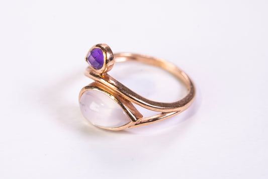 Bague Toi et Moi en Or Rose 9k, Quartz rose et Améthyste