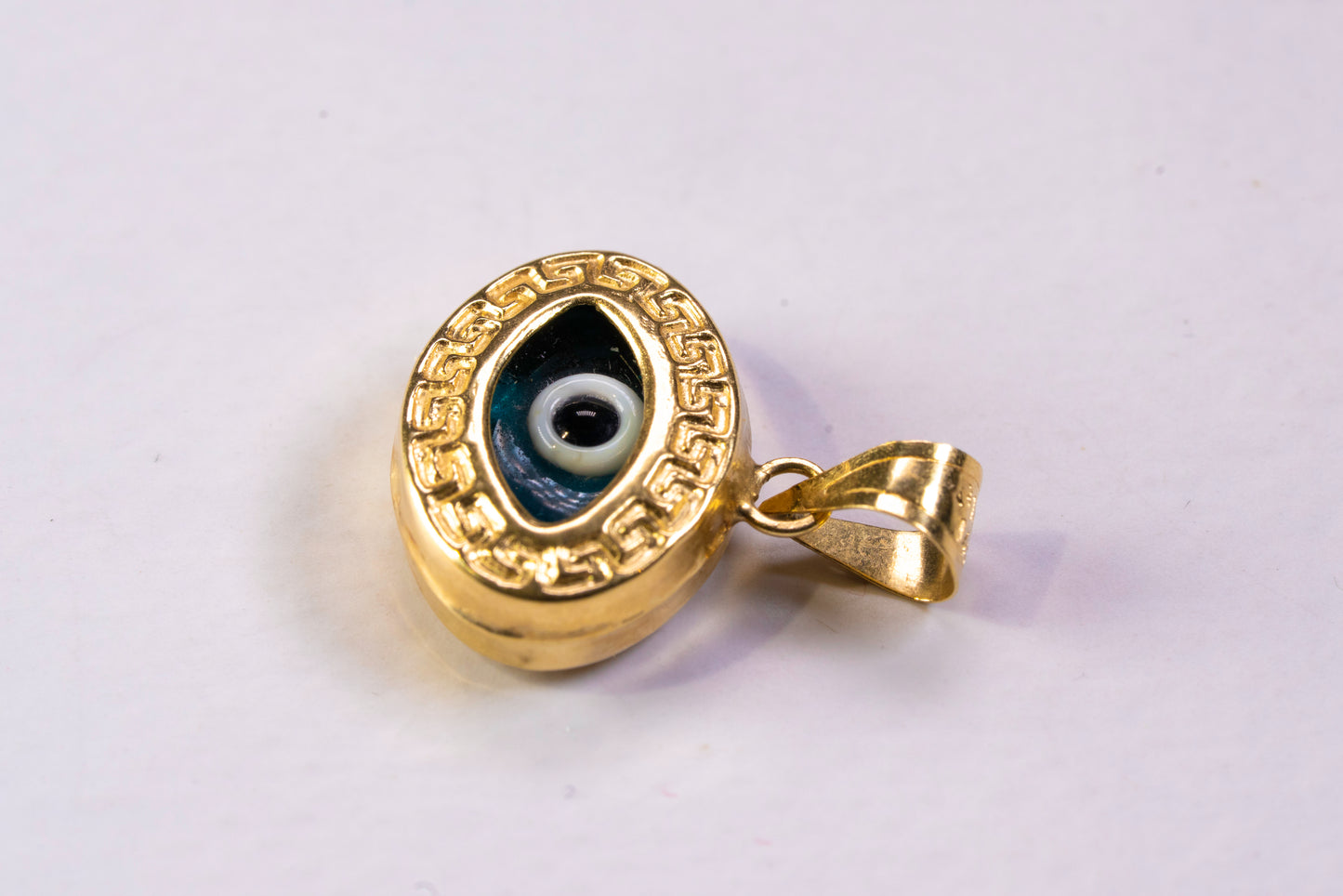 Pendentif Ovale Or Jaune 14k, Motif Nazar et Grecque Méandre