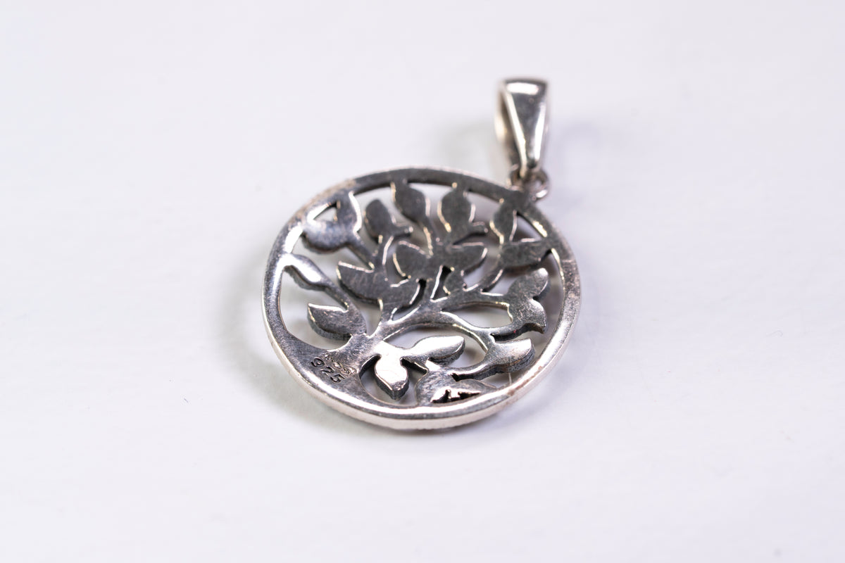 Pendentif Arbre de Vie Circulaire en Argent Vieilli et Marcassites