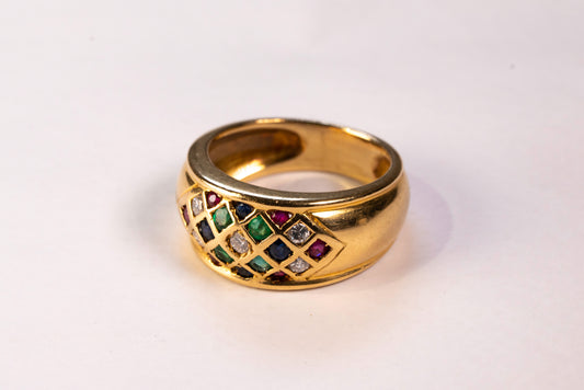 Bague Jonc Bombée Or Jaune 18K Mosaïque de Pierres Précieuses