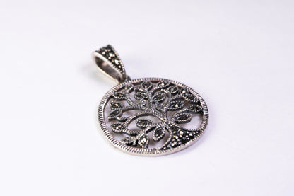 Pendentif Arbre de Vie Circulaire en Argent Vieilli et Marcassites
