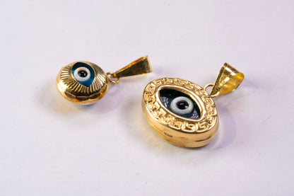 Pendentif Ovale Or Jaune 14k, Motif Nazar et Grecque Méandre