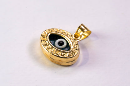 Pendentif Ovale Or Jaune 14k, Motif Nazar et Grecque Méandre