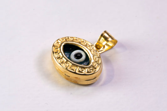 Pendentif Ovale Or Jaune 14k, Motif Nazar et Grecque Méandre
